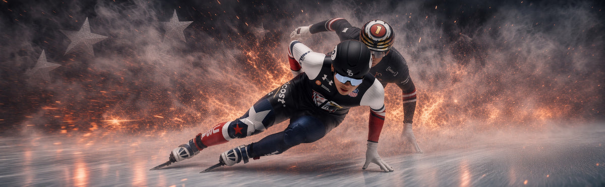 USA short track speed skaters racing in CBC boots