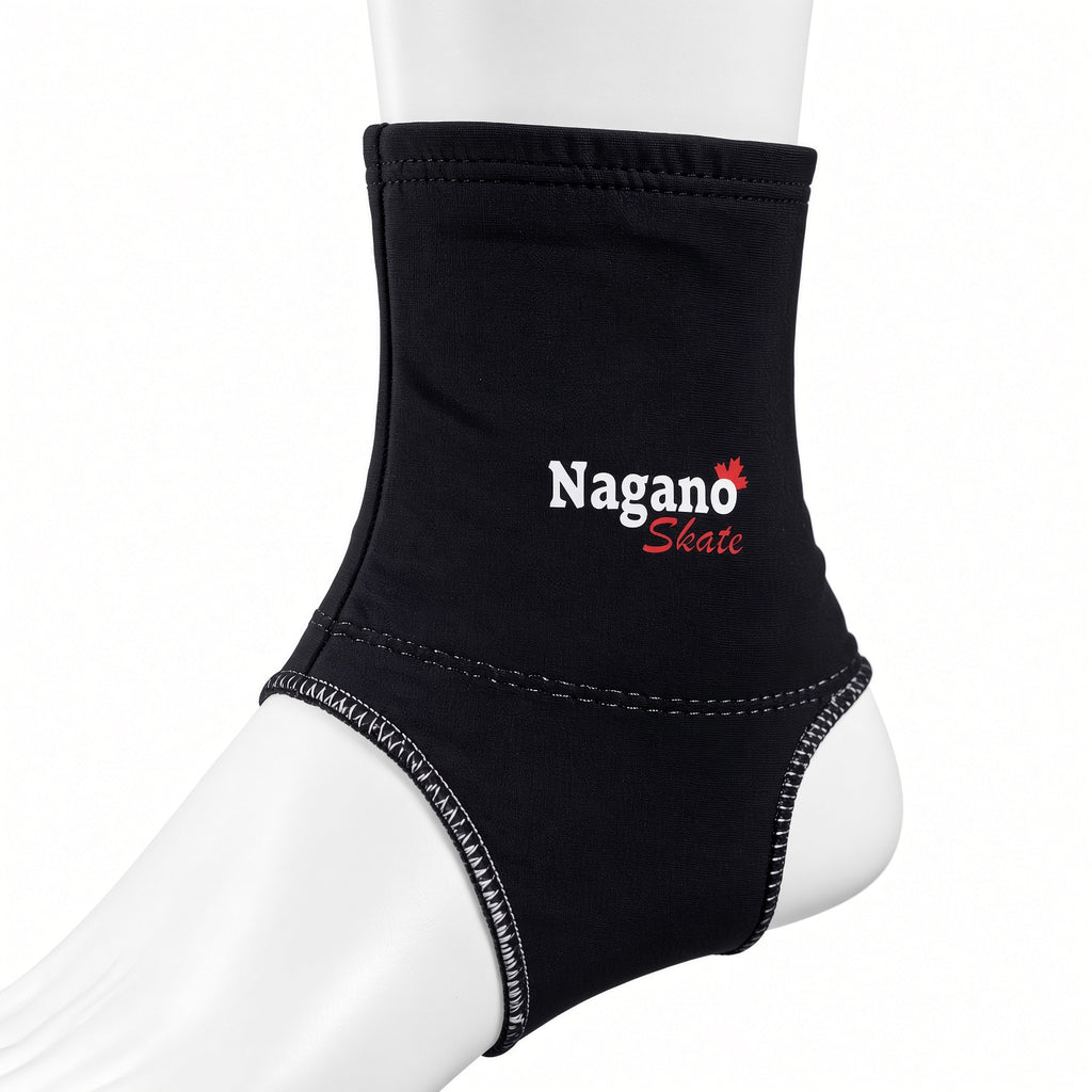 Nagano Skate long track ankle guards, black on mannequin