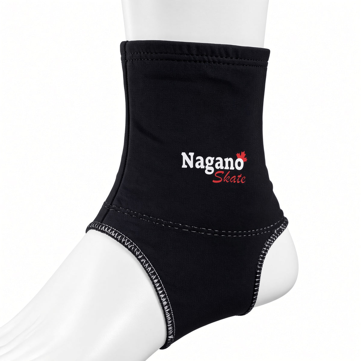 Nagano Skate long track ankle guards, black on mannequin