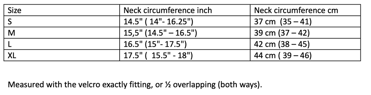 Skate-Tec Dyneema neck protector, size chart